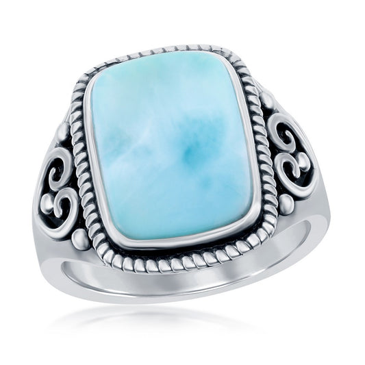 Sterling Silver Rectangle Larimar Filigree Design Oxidized Ring  Size 8