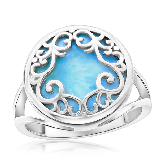 Sterling Silver Round Larimar Filigree Design Ring      Size 6
